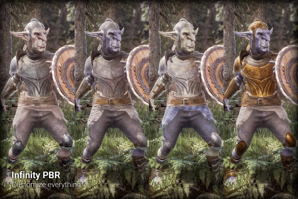 Four goblin warriors with round shields in different armor and texture variations, from the Goblin pack