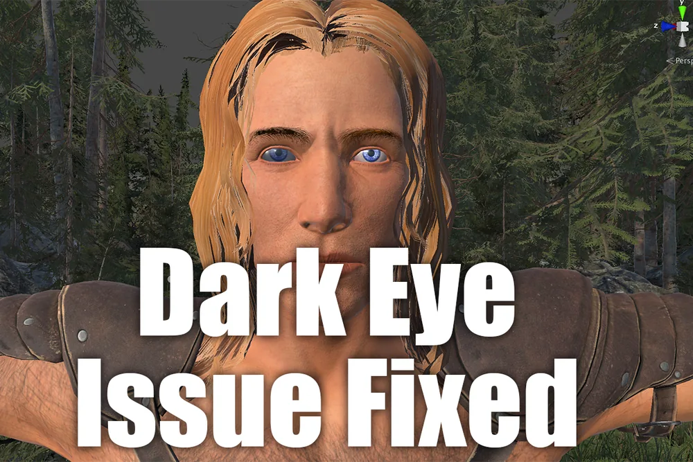 Close-up of the Human Character's face with the caption “Dark Eye Issue Fixed”