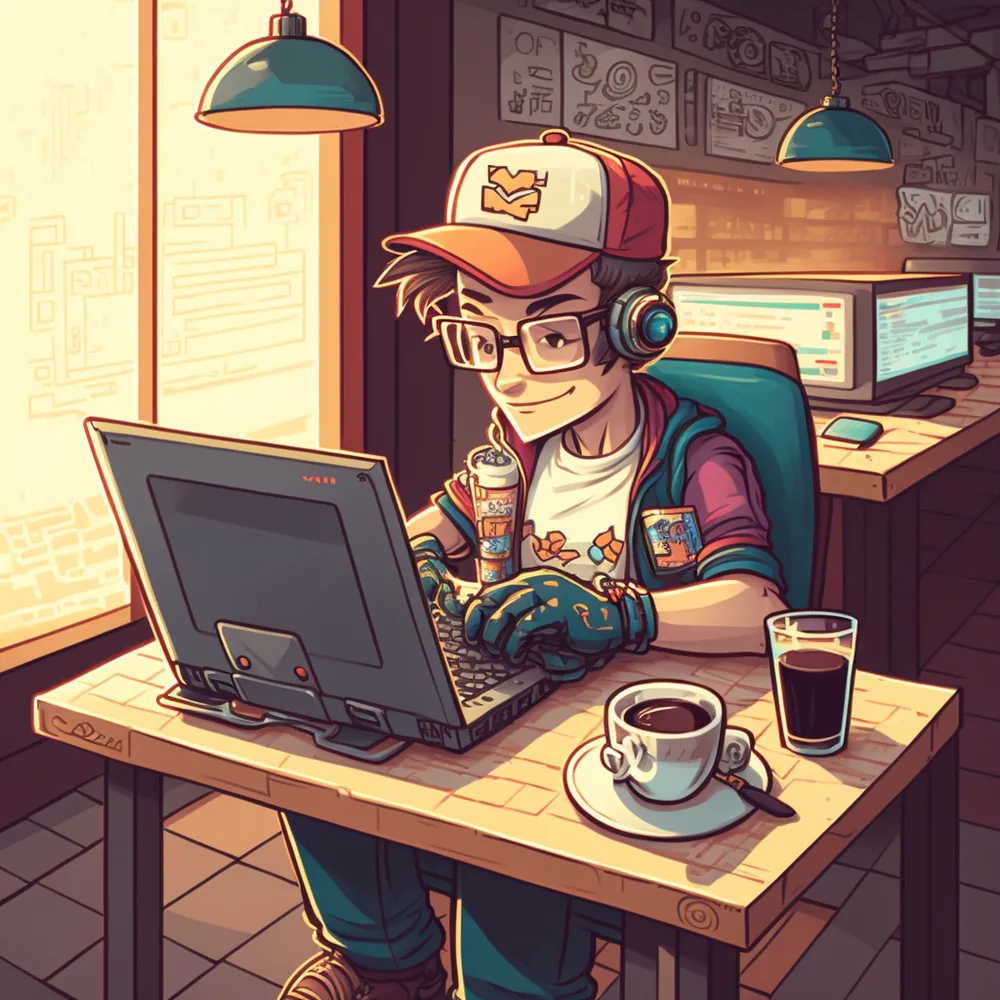 Cartoon of a video game developer in headphones working on a laptop in a coffee shop