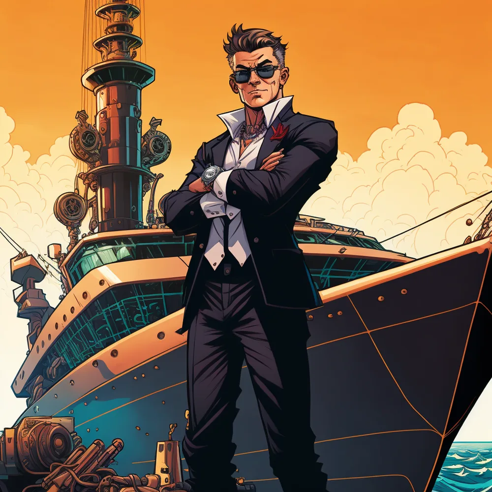 Cartoon of a confident game developer in a suit and sunglasses standing in front of a yacht